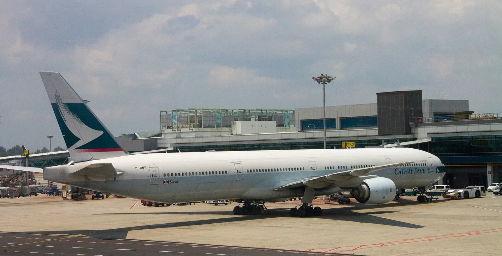 A Cathay Pacific Boeing 777 at Singapore Changi Airport.