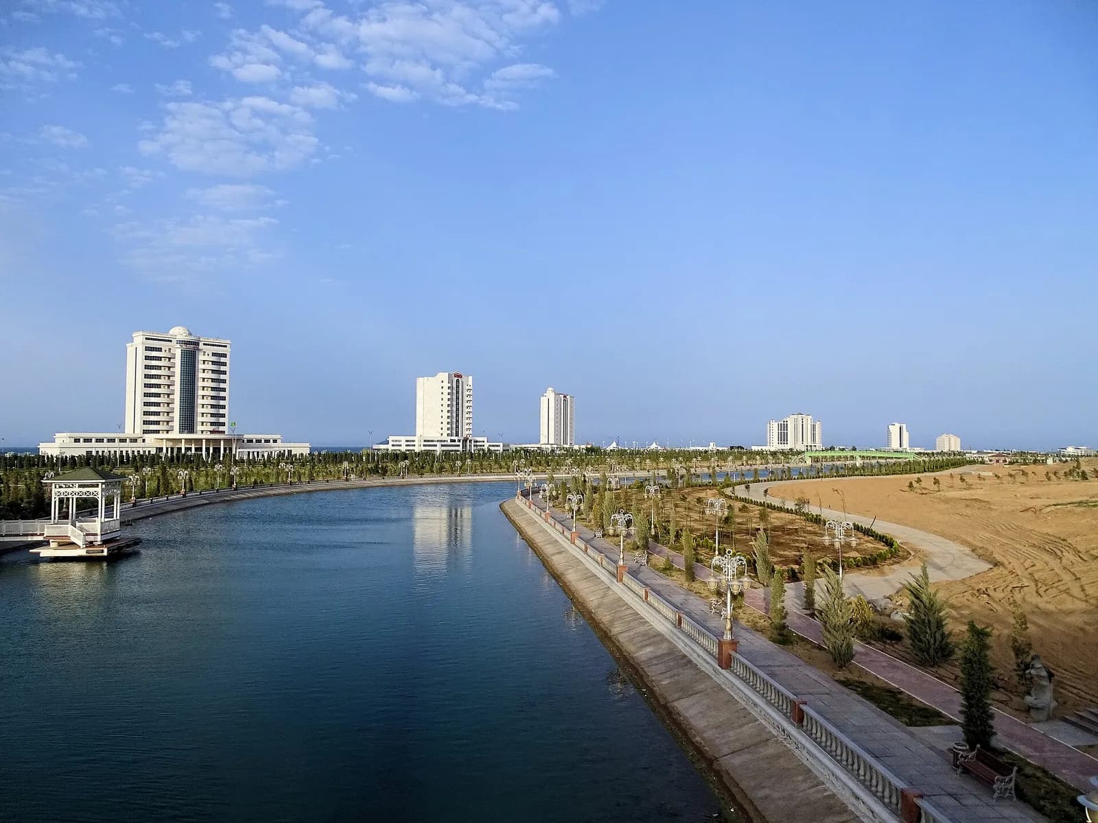 Hotels in the Avaza resort area beside an artificial canal and the Caspian Sea.