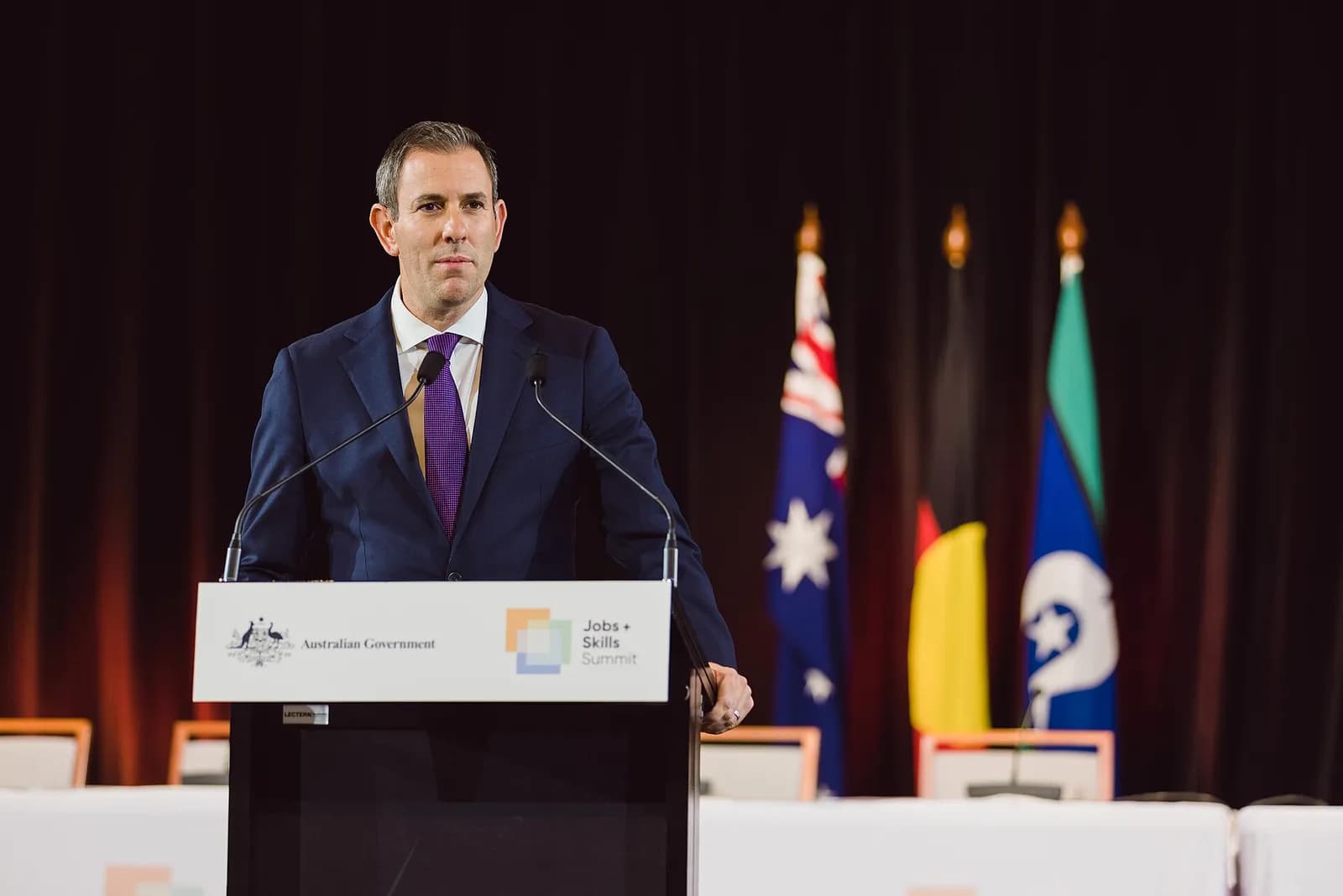 Australian Treasurer Jim Chalmers speaks at the Jobs and Skills Summit in Parliament House.