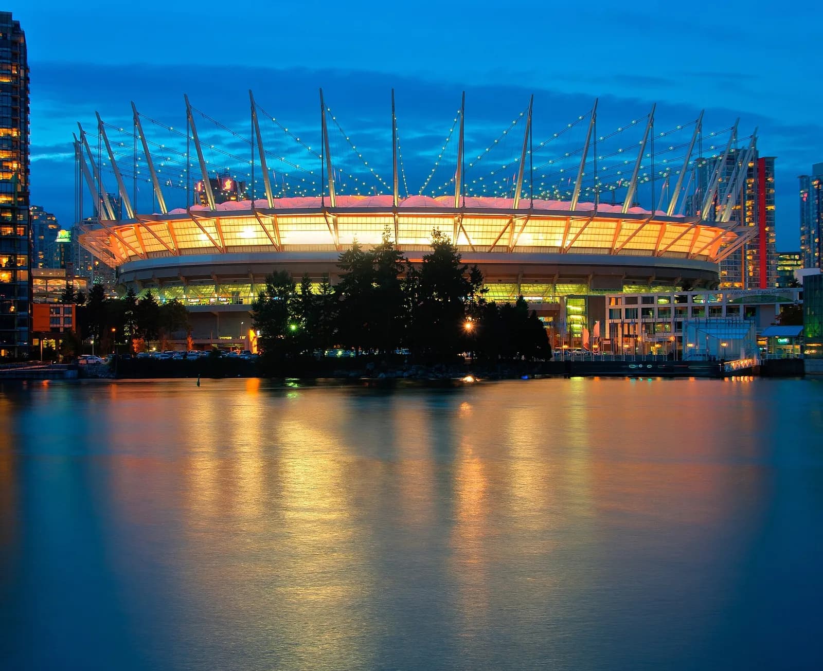 BC Place stadium illuminated at night