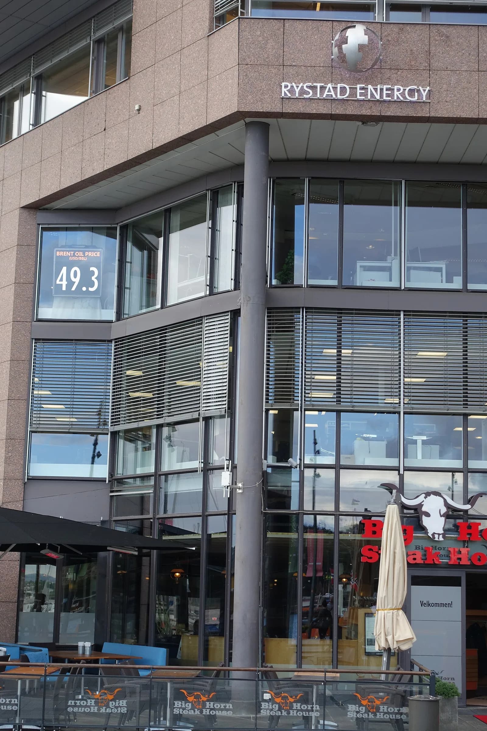 Rystad Energy office in Oslo with a sign displaying the Brent oil price.