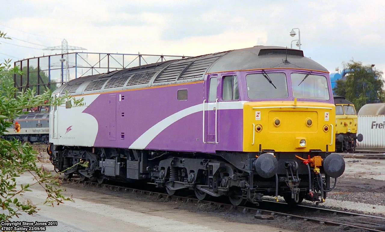 Porterbrook-liveried locomotive 47807 at Saltley depot in Birmingham in 1996