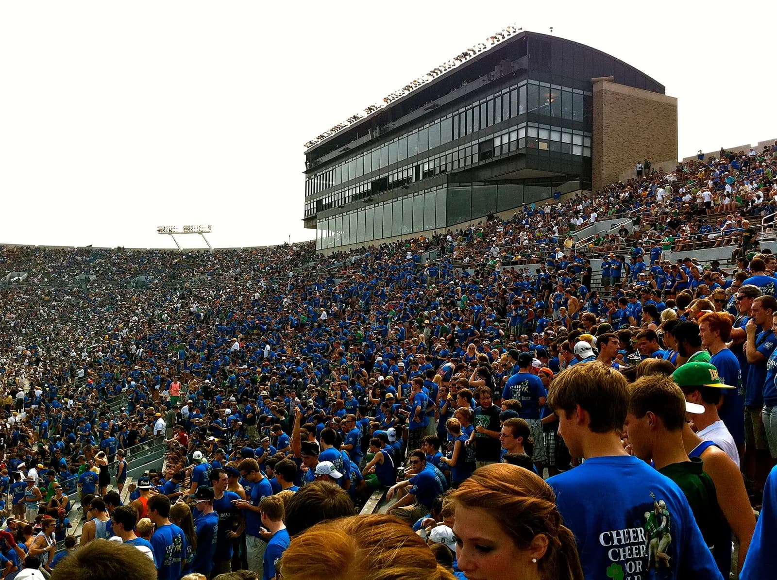 Notre Dame Stadium during a football game, with spectators in the stands.
