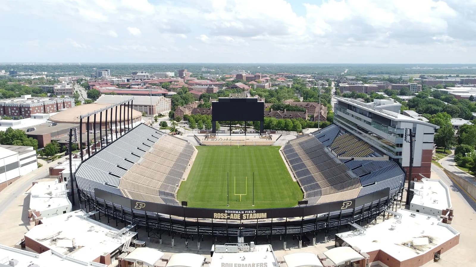 Aerial view of Ross-Ade Stadium at Purdue University.