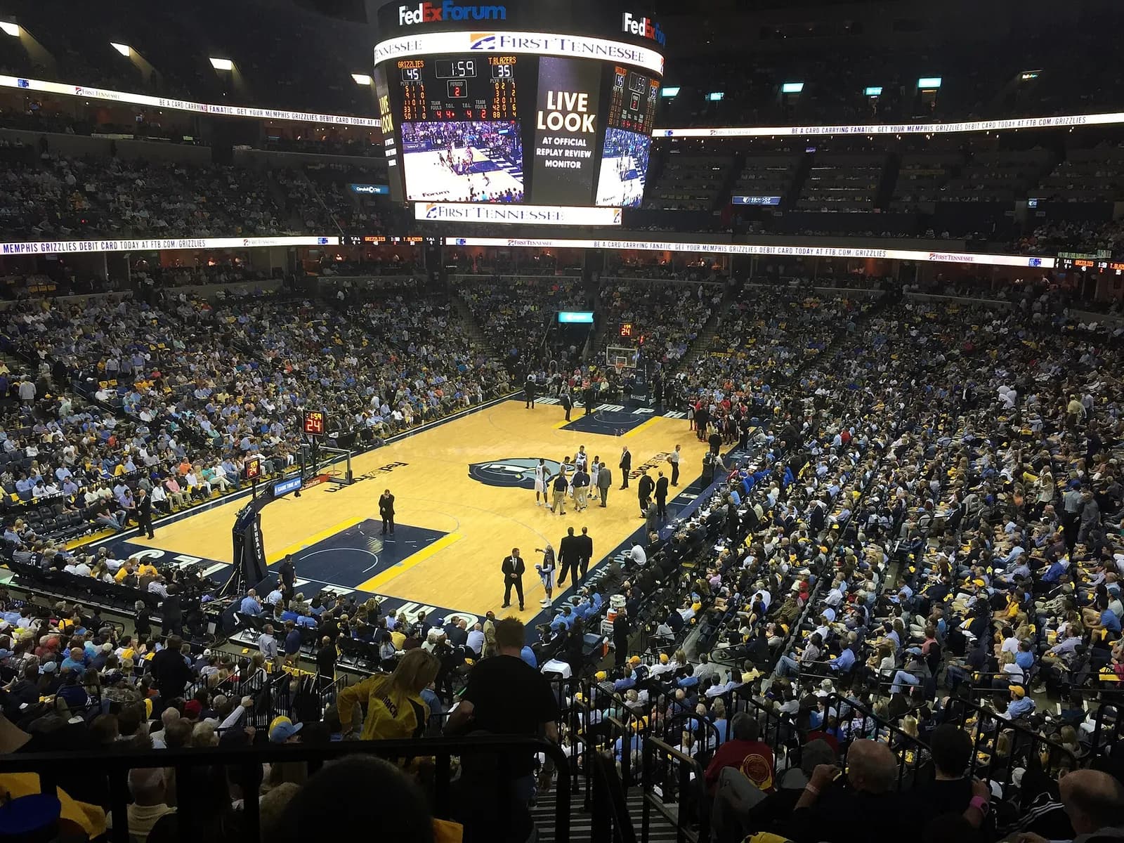 The FedExForum basketball court during a Memphis Grizzlies game.