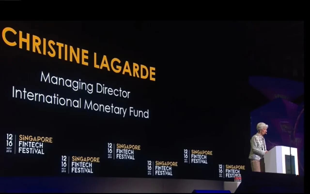 Christine Lagarde speaking at the Singapore FinTech Festival in 2017
