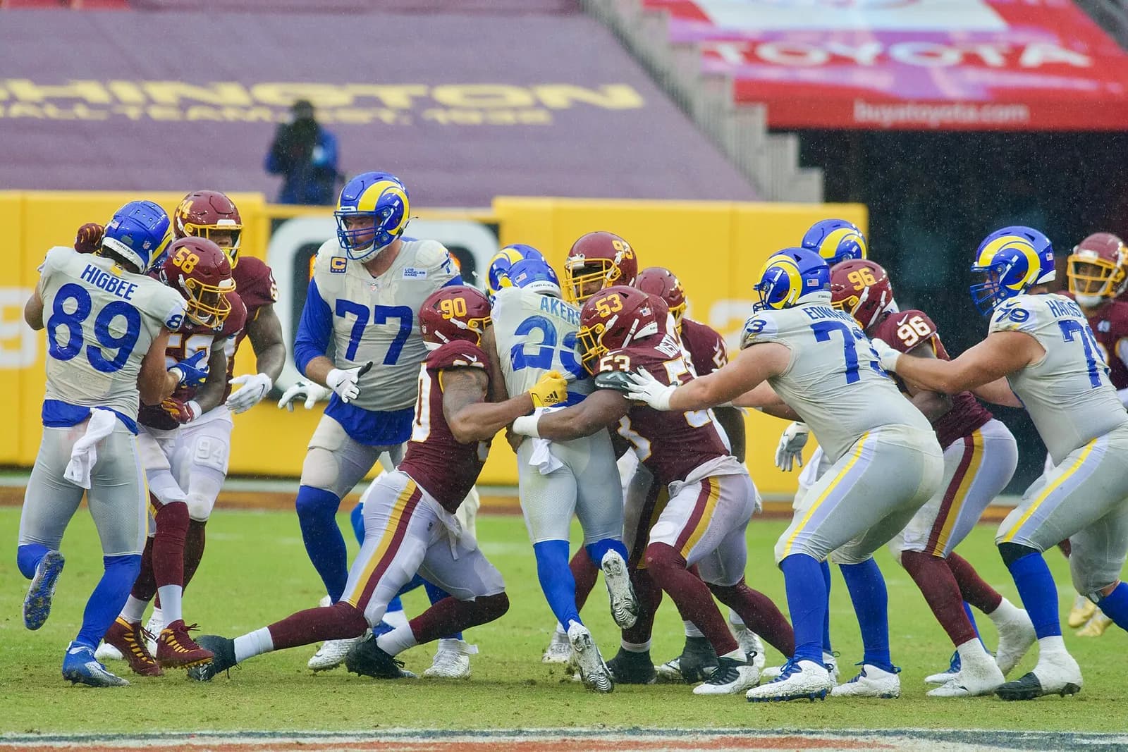 Los Angeles Rams players during their 2020 game against Washington.