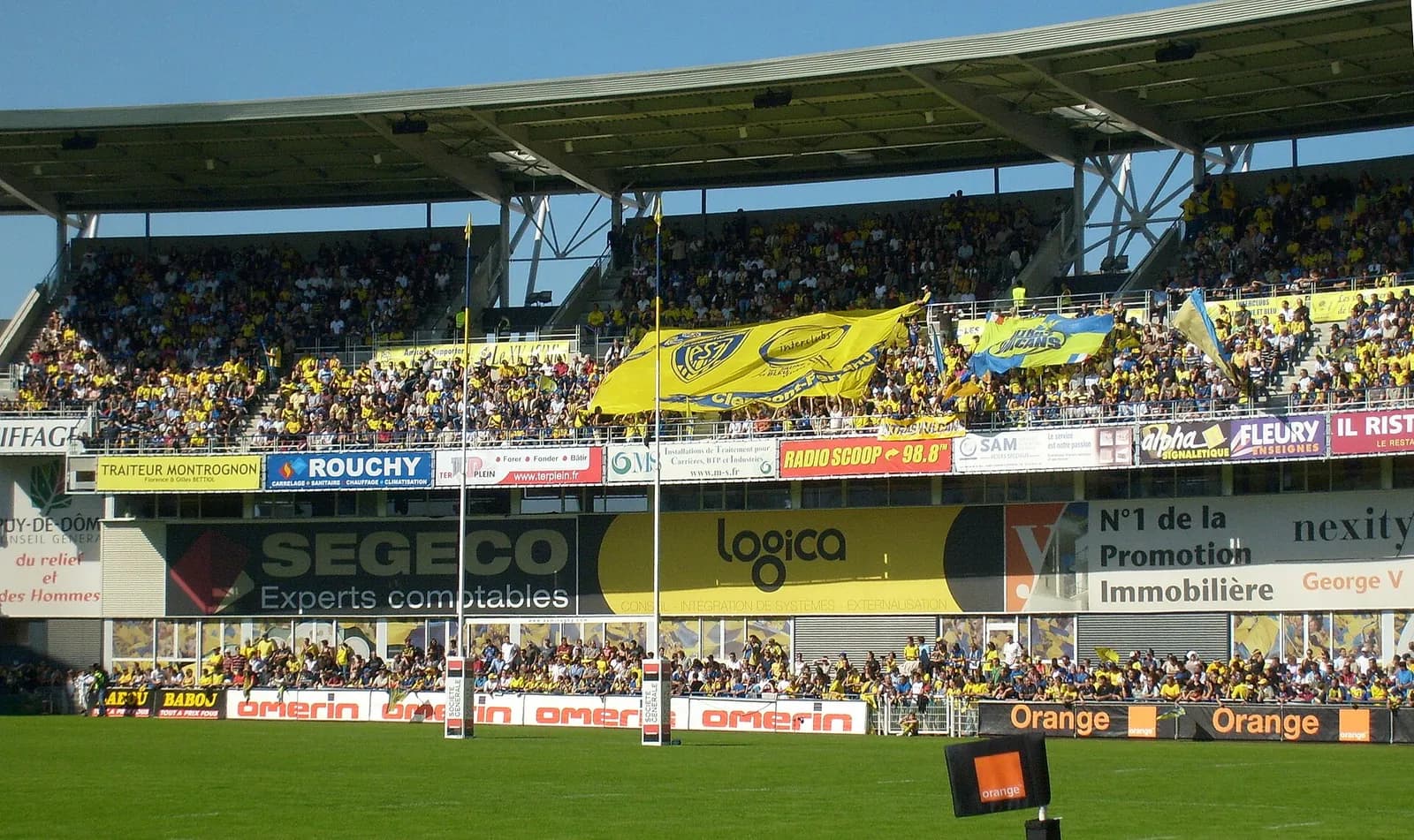 Supporters of ASM Clermont Auvergne in the Phliponeau stand at Stade Marcel-Michelin.