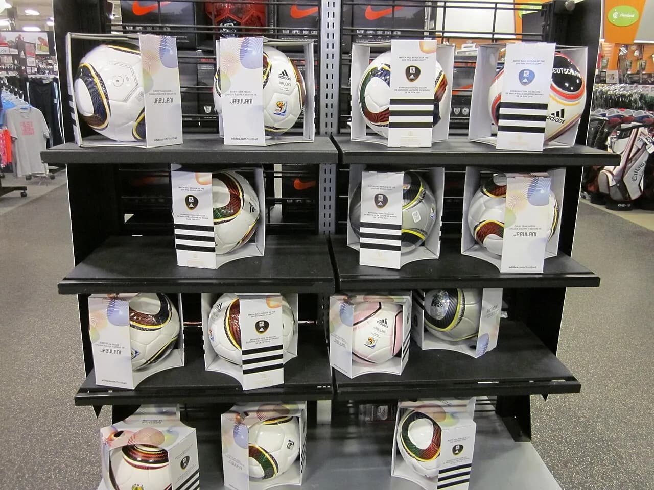 Display of Adidas 2010 World Cup footballs, including Jabulani models