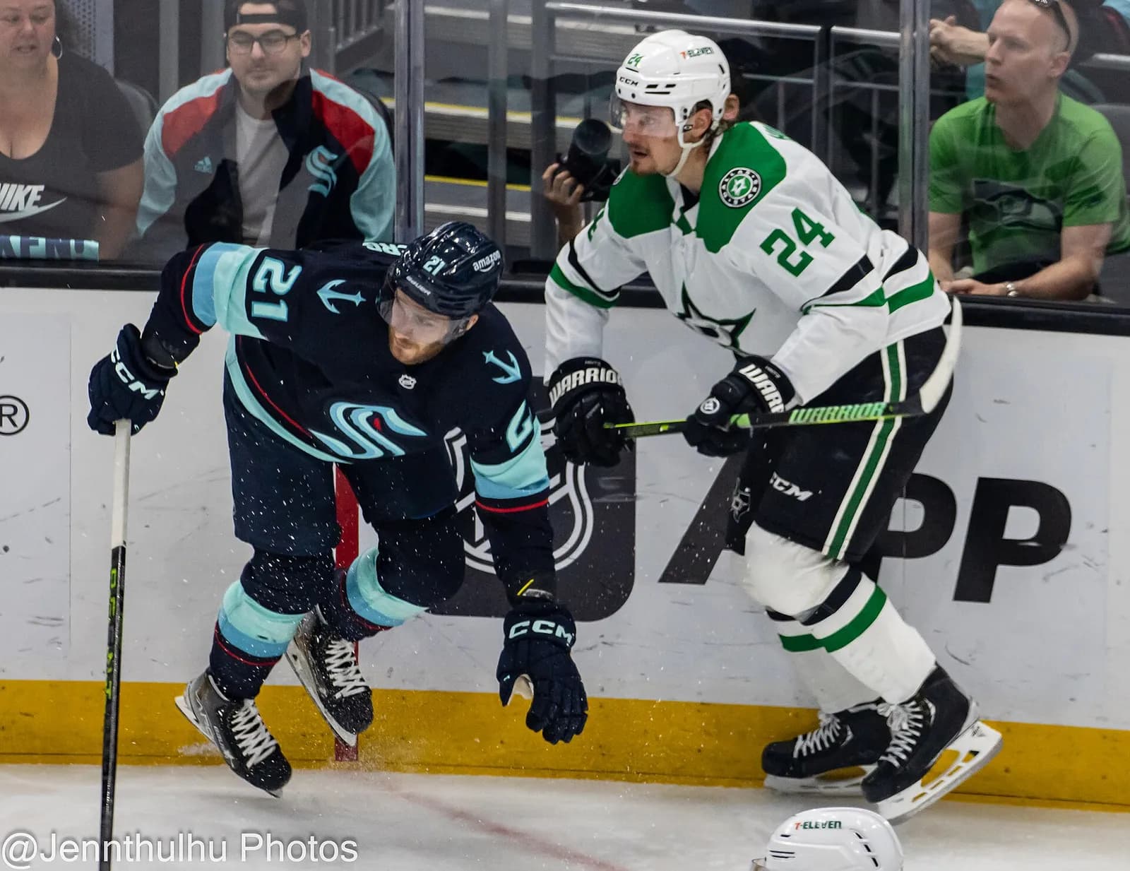 Roope Hintz of the Dallas Stars skates with the puck during a game against the Seattle Kraken.