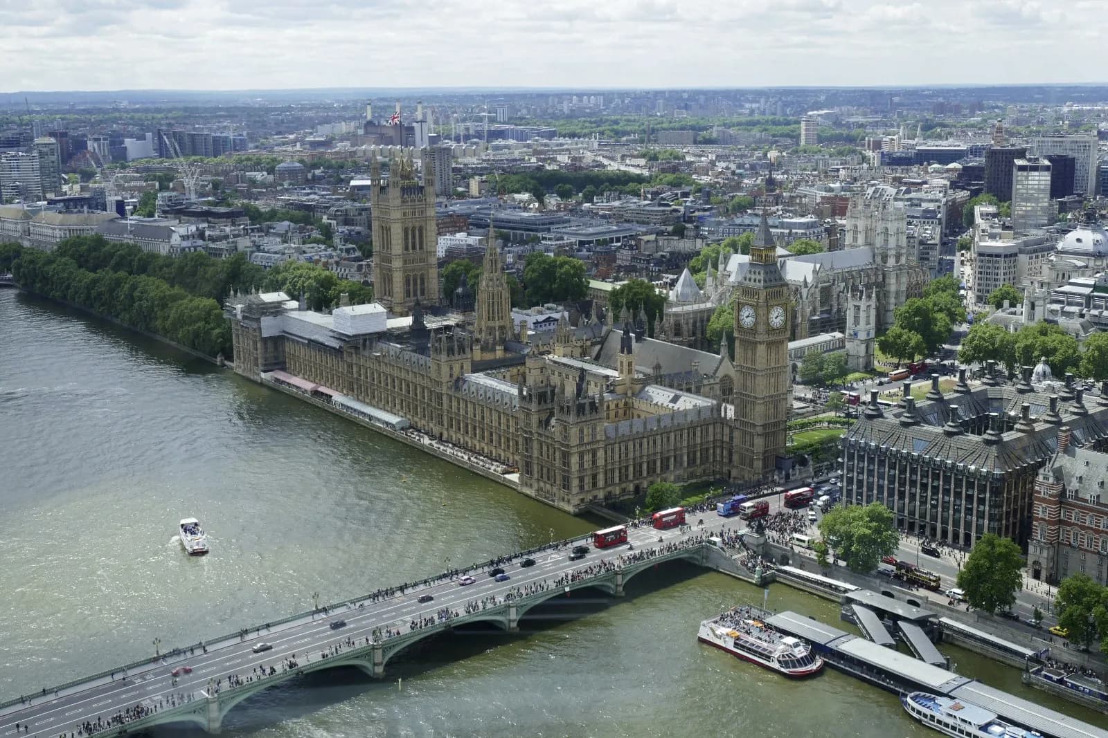 The Houses of Parliament in London beside the River Thames.