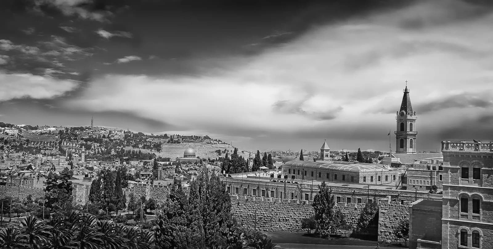 View of Jerusalem’s Old City from the north, with the Mount of Olives in the background.