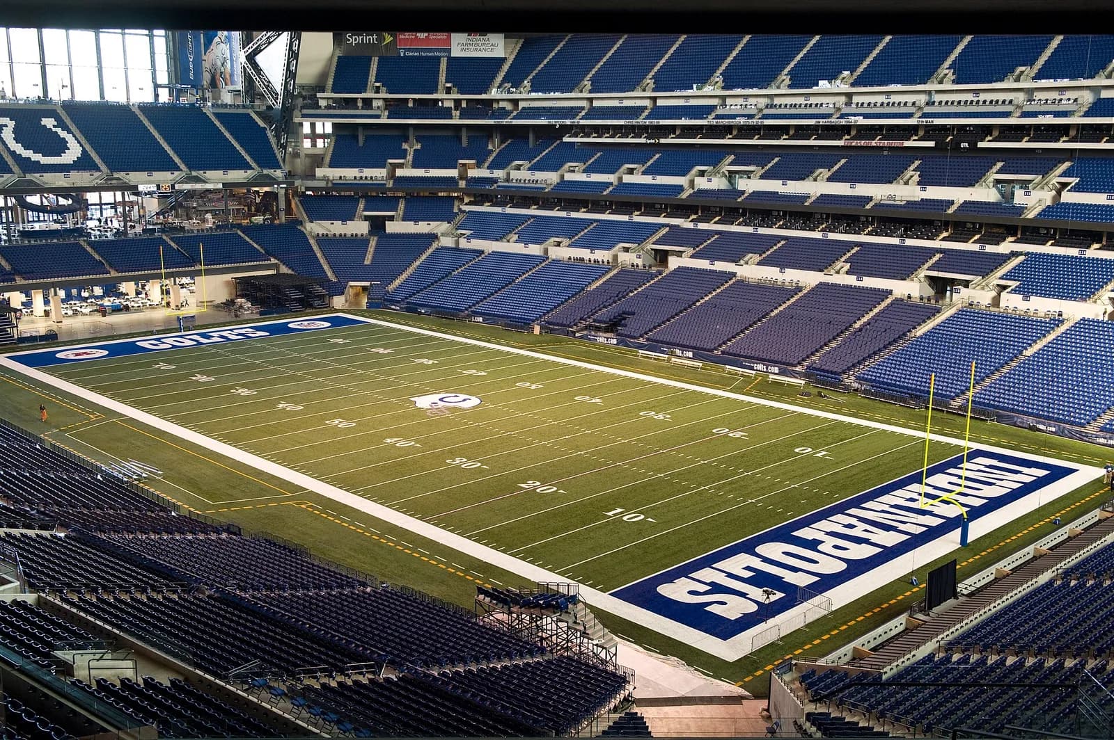 Interior of Lucas Oil Stadium in Indianapolis, with the field and seating visible.