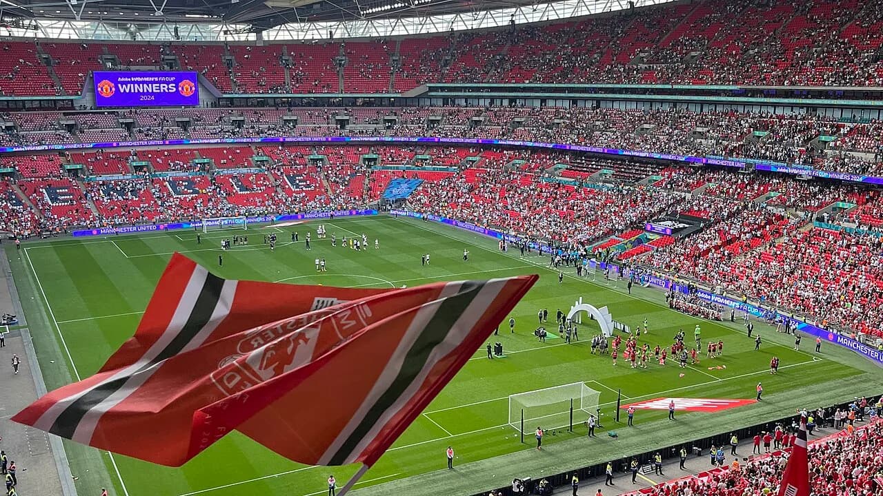 Manchester United Women players celebrating at Wembley in 2024