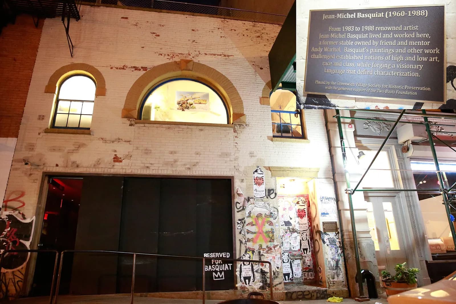 The former home of Jean-Michel Basquiat at 57 Great Jones Street in New York, with a plaque on the facade.