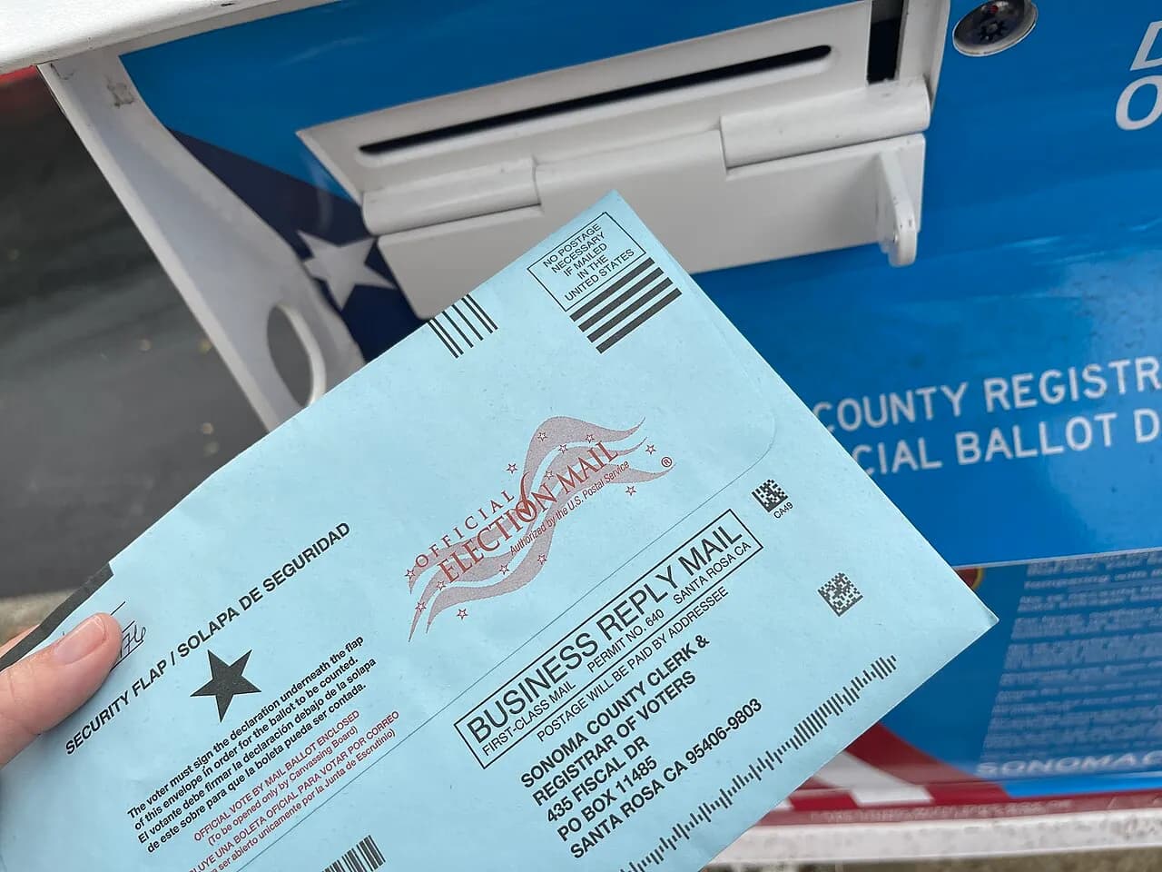 A ballot beside a ballot box in Sonoma, California, in November 2022.