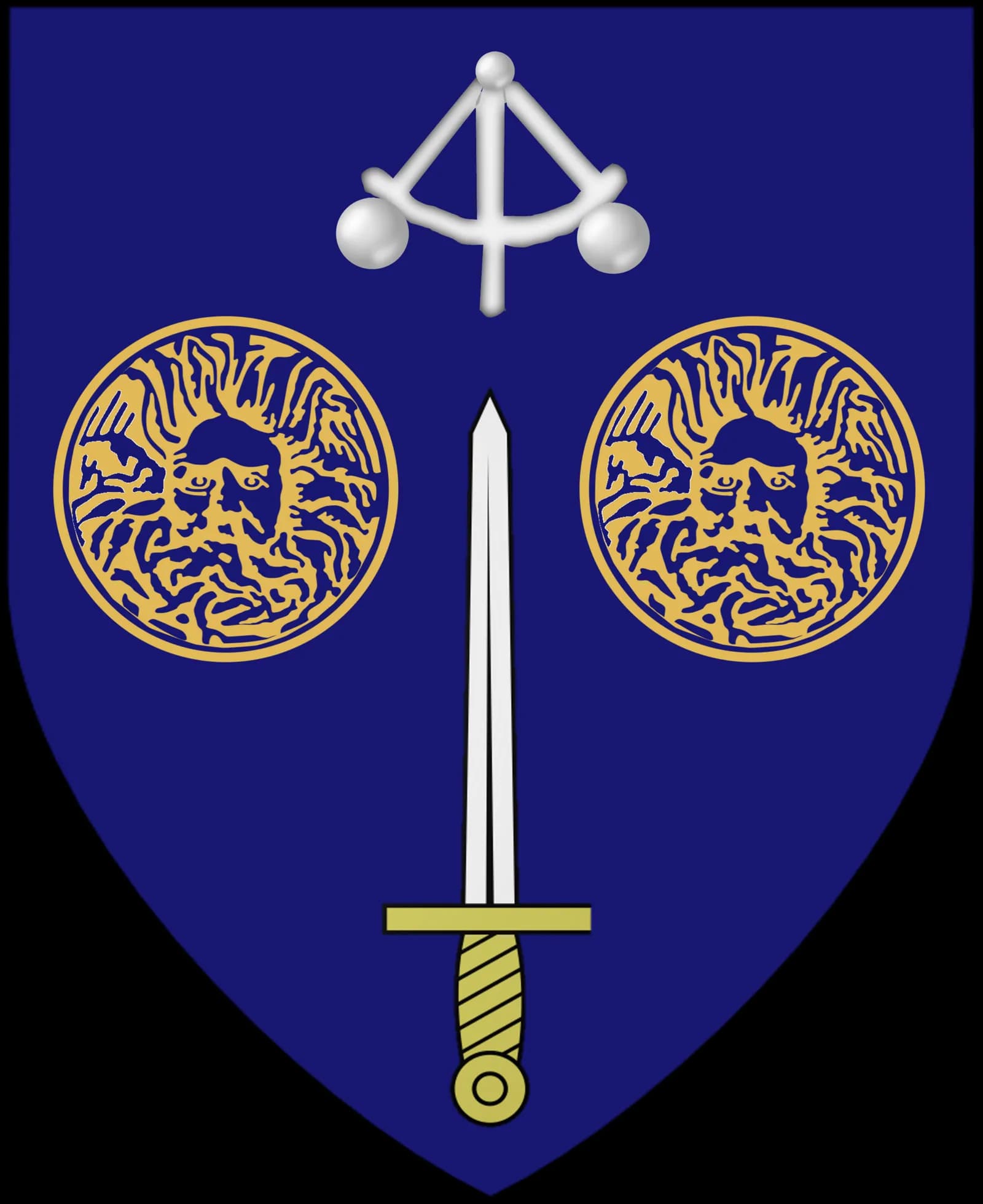 Illustration of the University of Bath coat of arms, with a sword, two gold roundels and a silver balance on a blue shield.