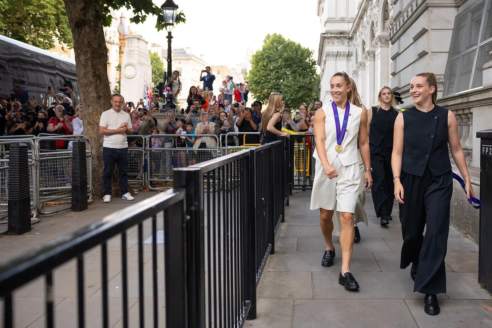 Members of England’s women’s football team arrive at 10 Downing Street for a reception celebrating their Euro 2025 win.