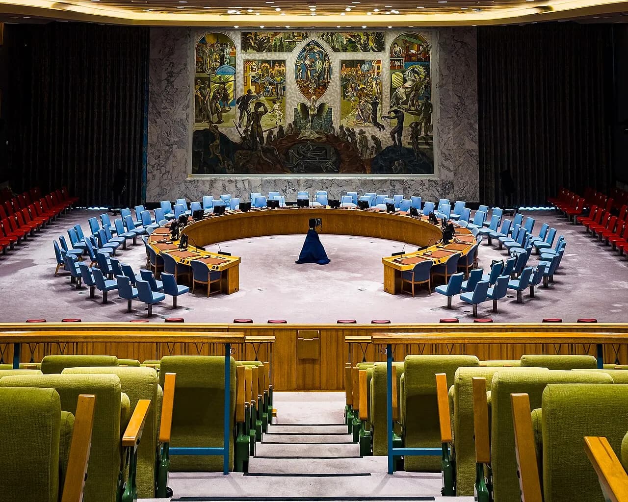 Empty United Nations Security Council chamber in New York, viewed from the front