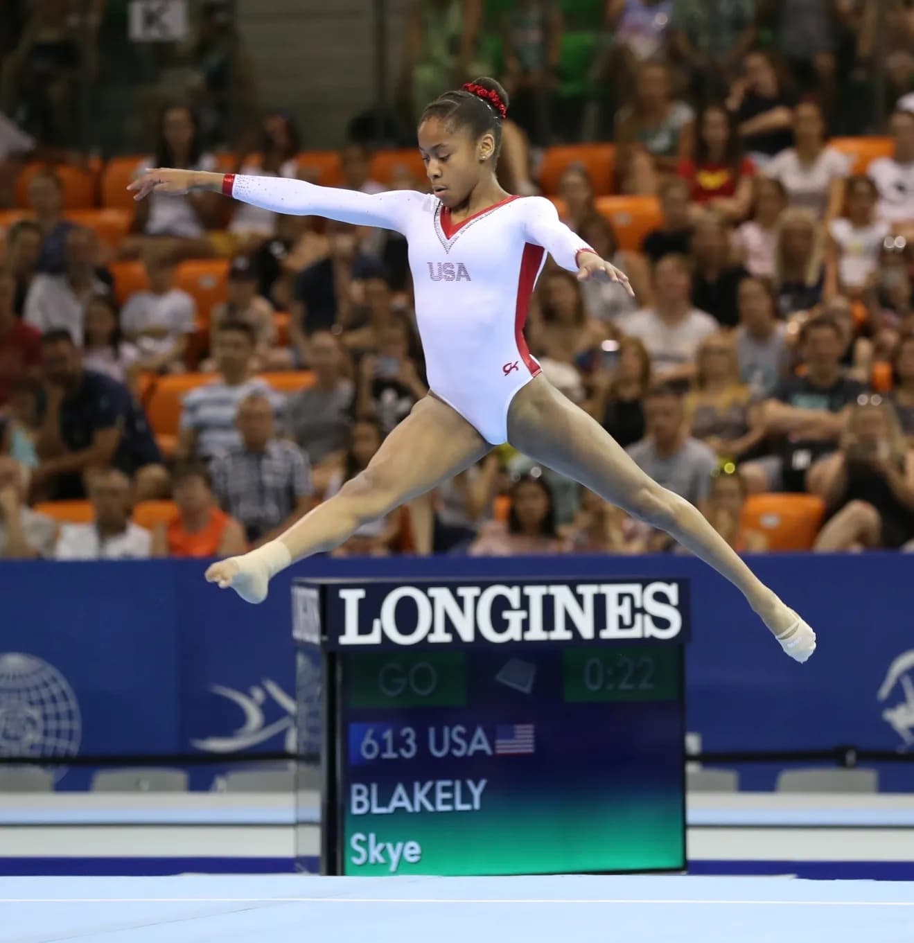 Skye Blakely performs a floor exercise at the 2019 junior world championships in Győr, Hungary.
