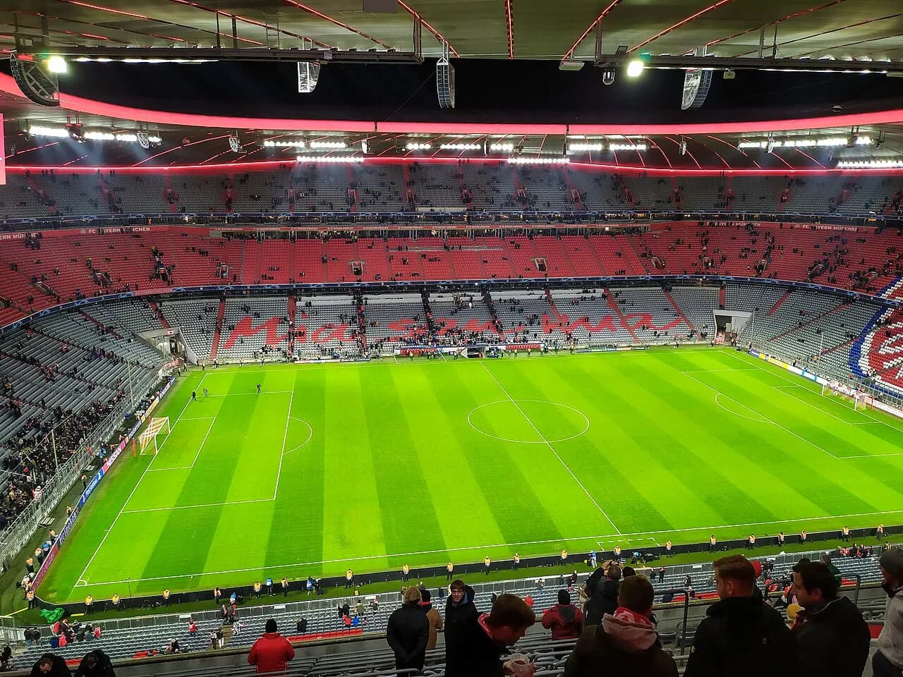 Interior view of the Allianz Arena in Munich, looking across the pitch toward the west stand