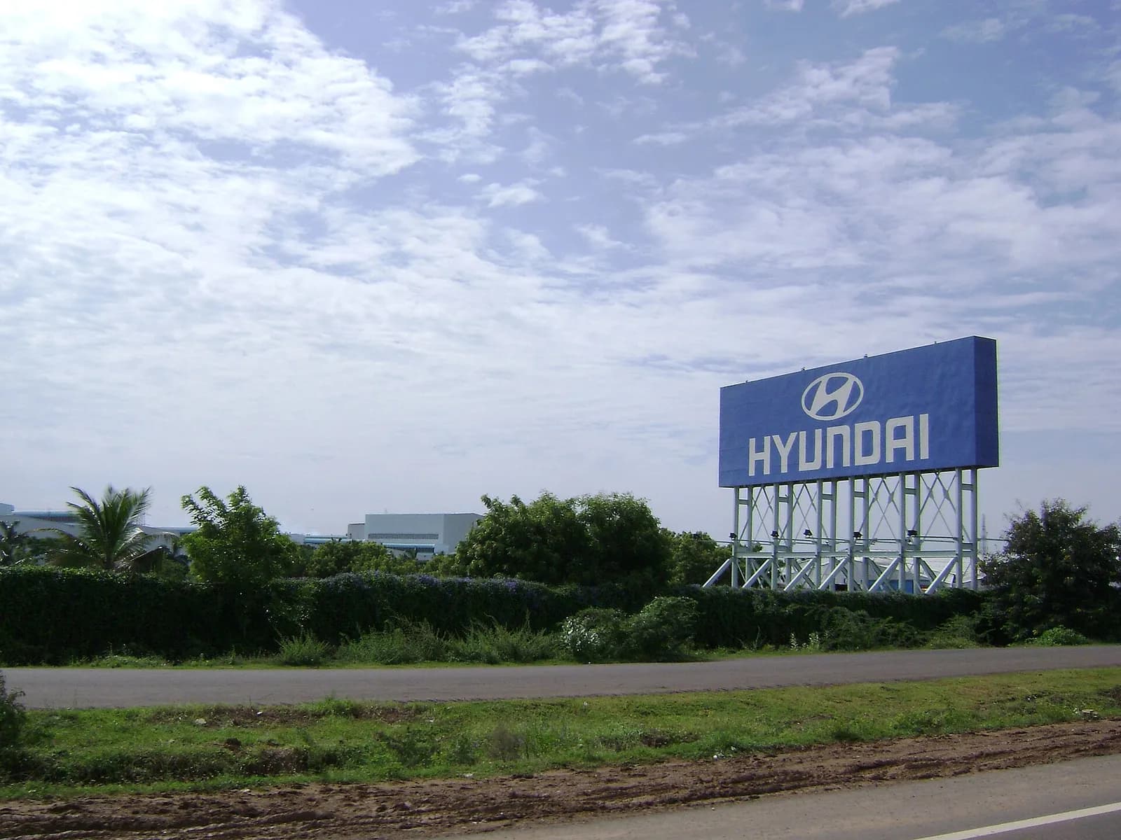 Hyundai sign above the grounds of a manufacturing plant near Chennai, India