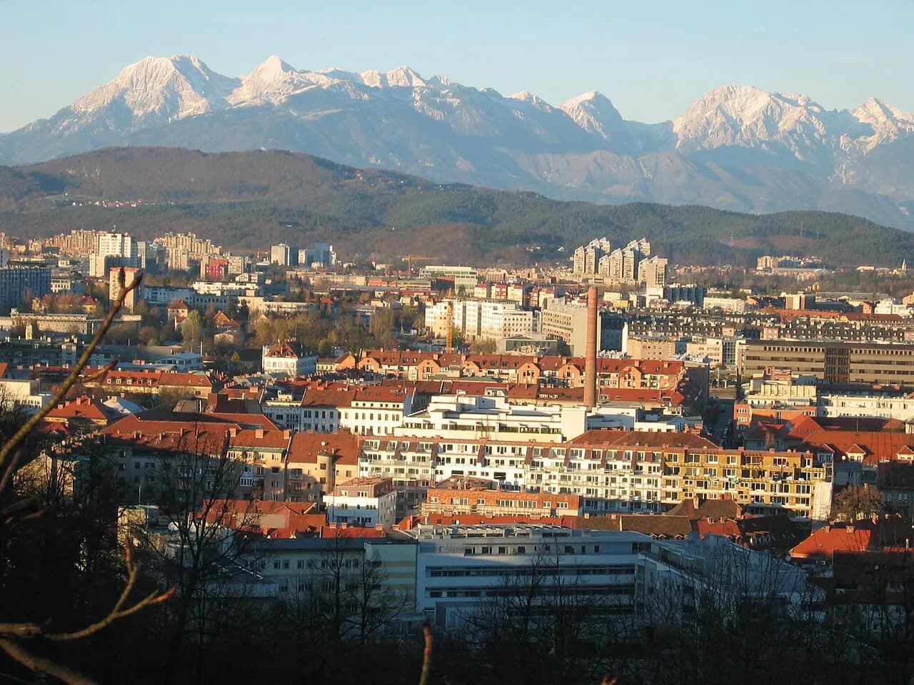 View across Ljubljana, Slovenia, from Ljubljana Castle, with mountains in the distance