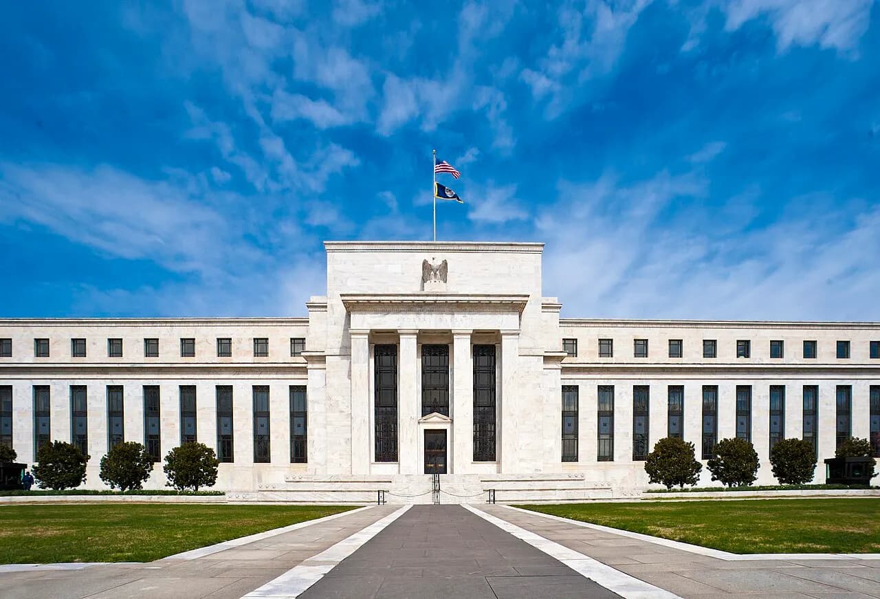 Front entrance of the Marriner S. Eccles Federal Reserve Board Building in Washington, D.C.
