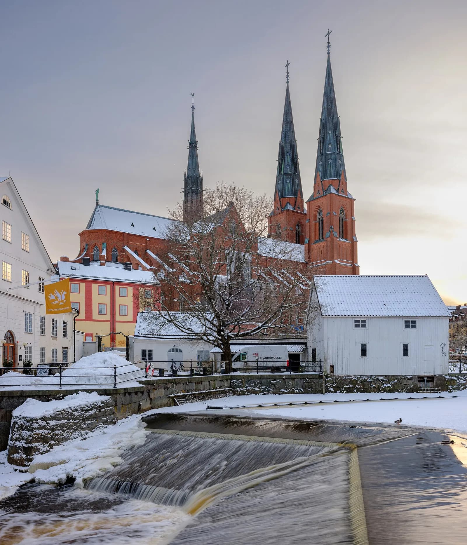 Uppsala Cathedral seen across the Fyrisån from Kvarnfallet.