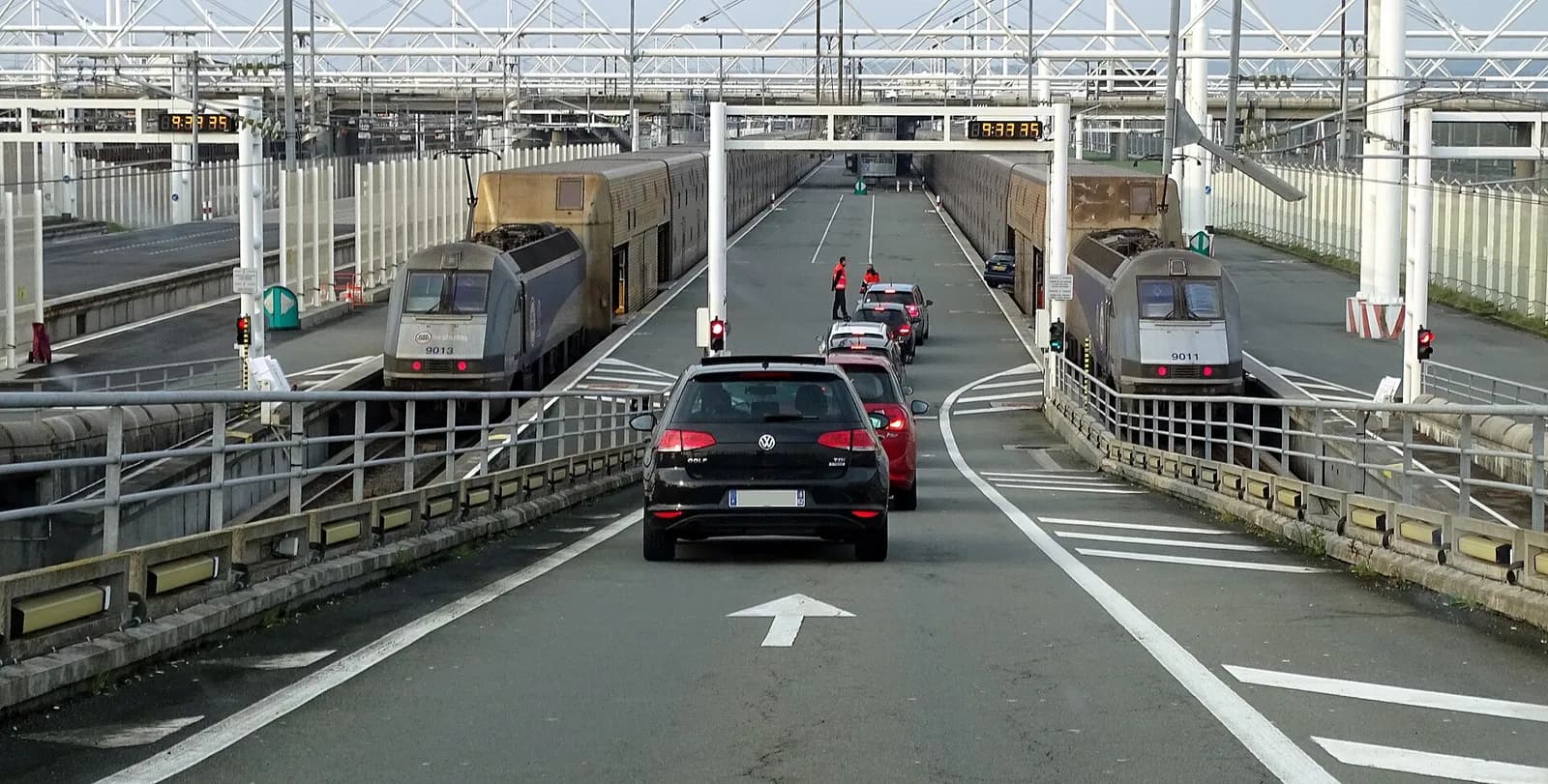 Vehicles boarding a Le Shuttle train at the Coquelles terminal in France.