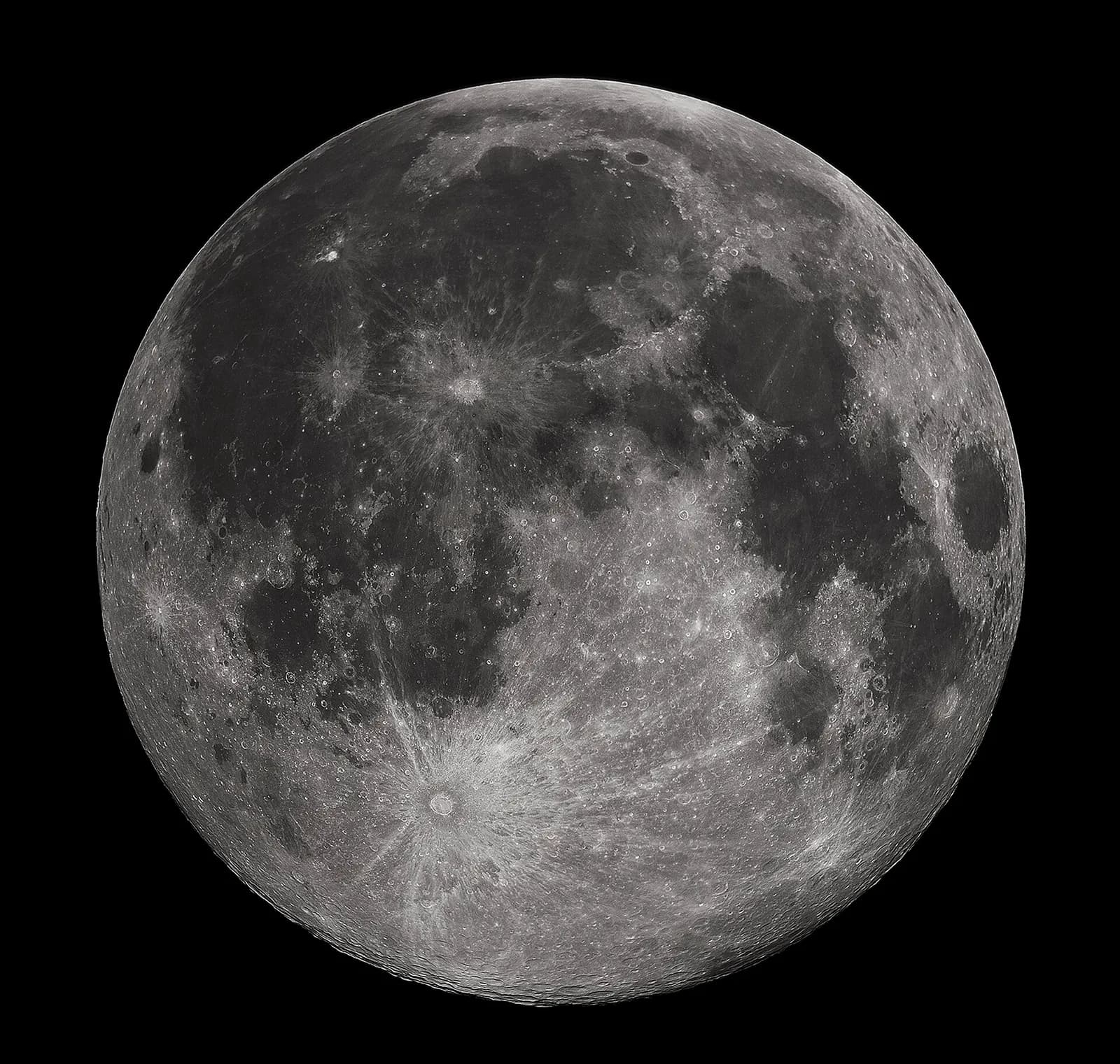 A detailed telescopic view of the full Moon, showing its cratered surface.
