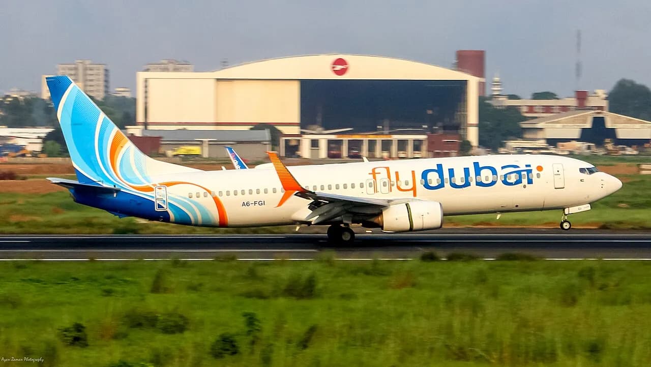 A flydubai Boeing 737 aircraft at Shahjalal International Airport in Bangladesh in 2021