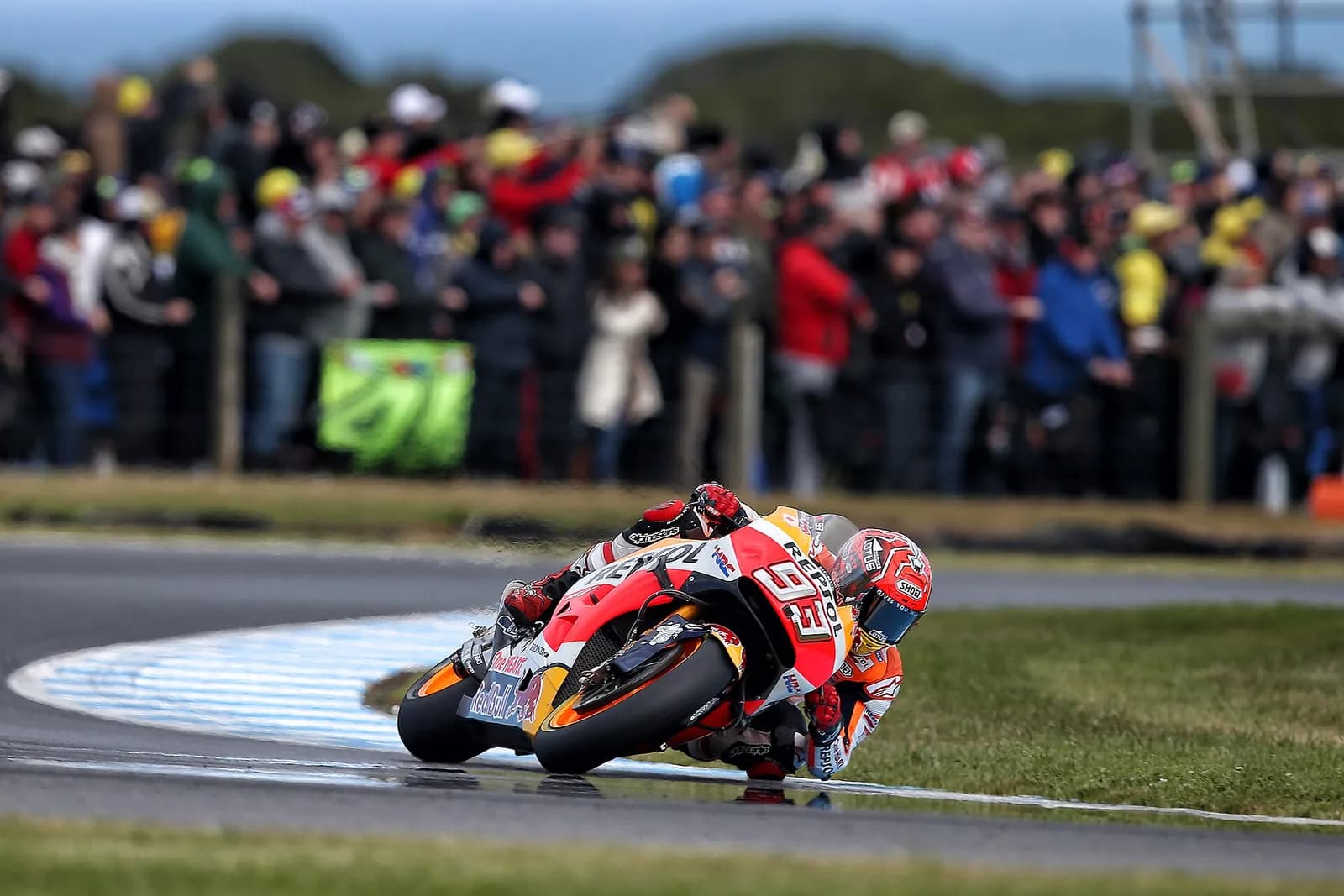 Marc Márquez riding a Repsol Honda motorcycle at Phillip Island.