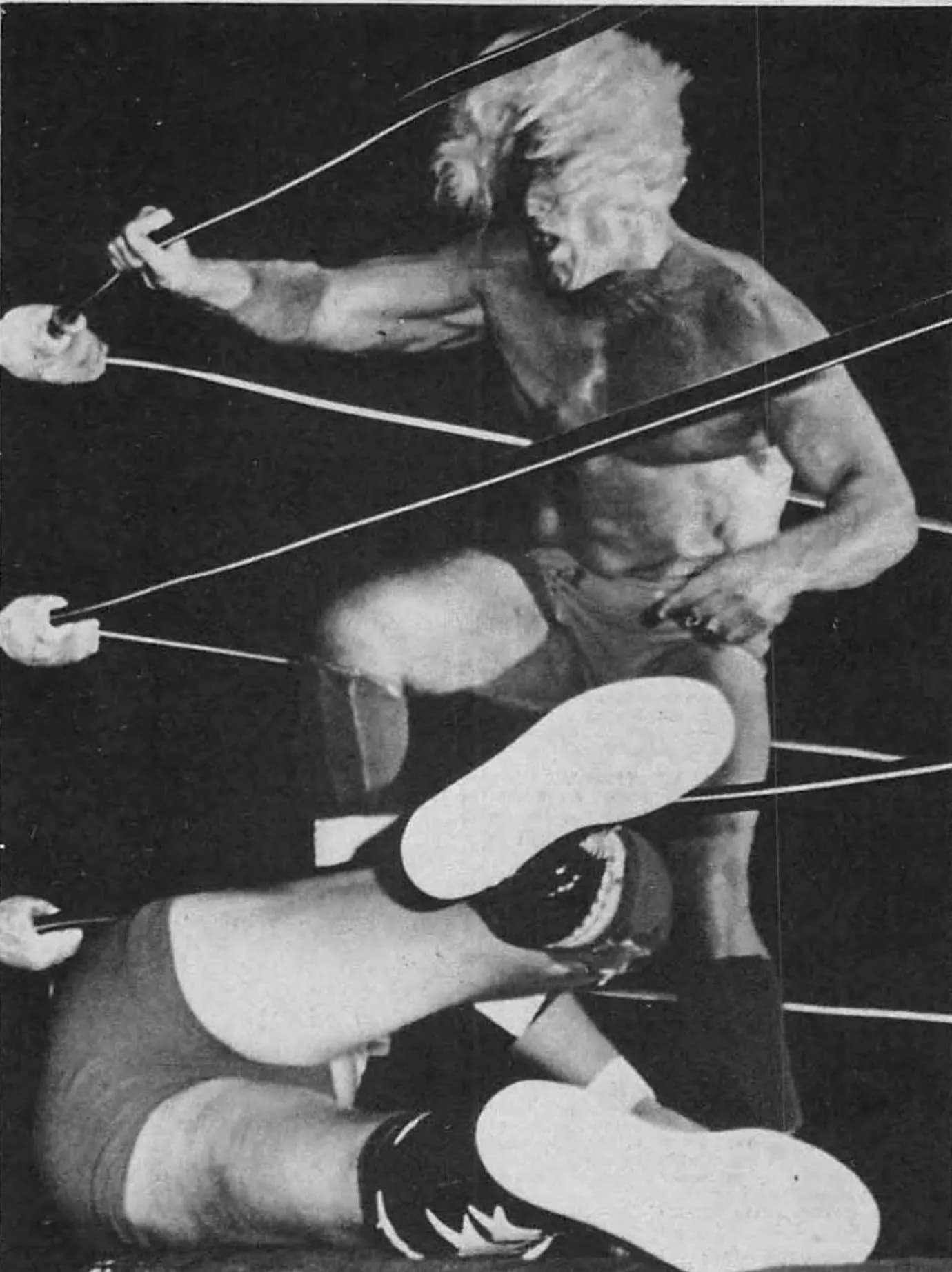Ric Flair wrestling an unidentified opponent in a ring.