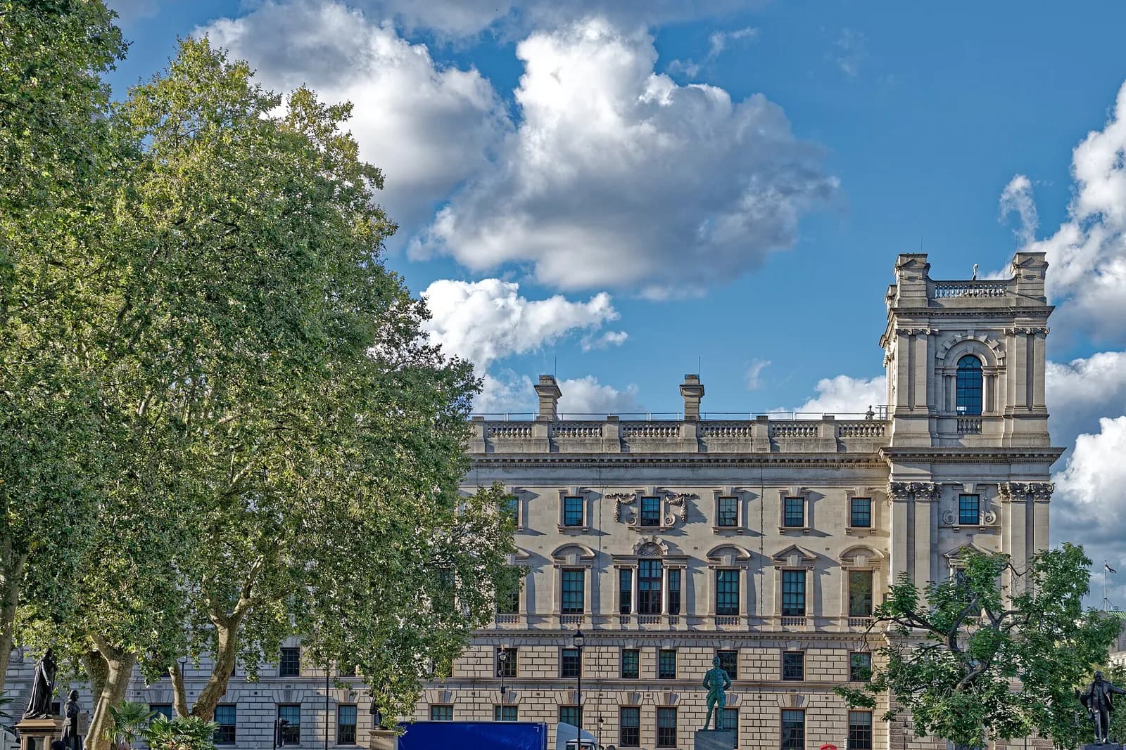New Government Offices housing HM Treasury and the archway link with the Foreign Office on King Charles Street in Westminster.