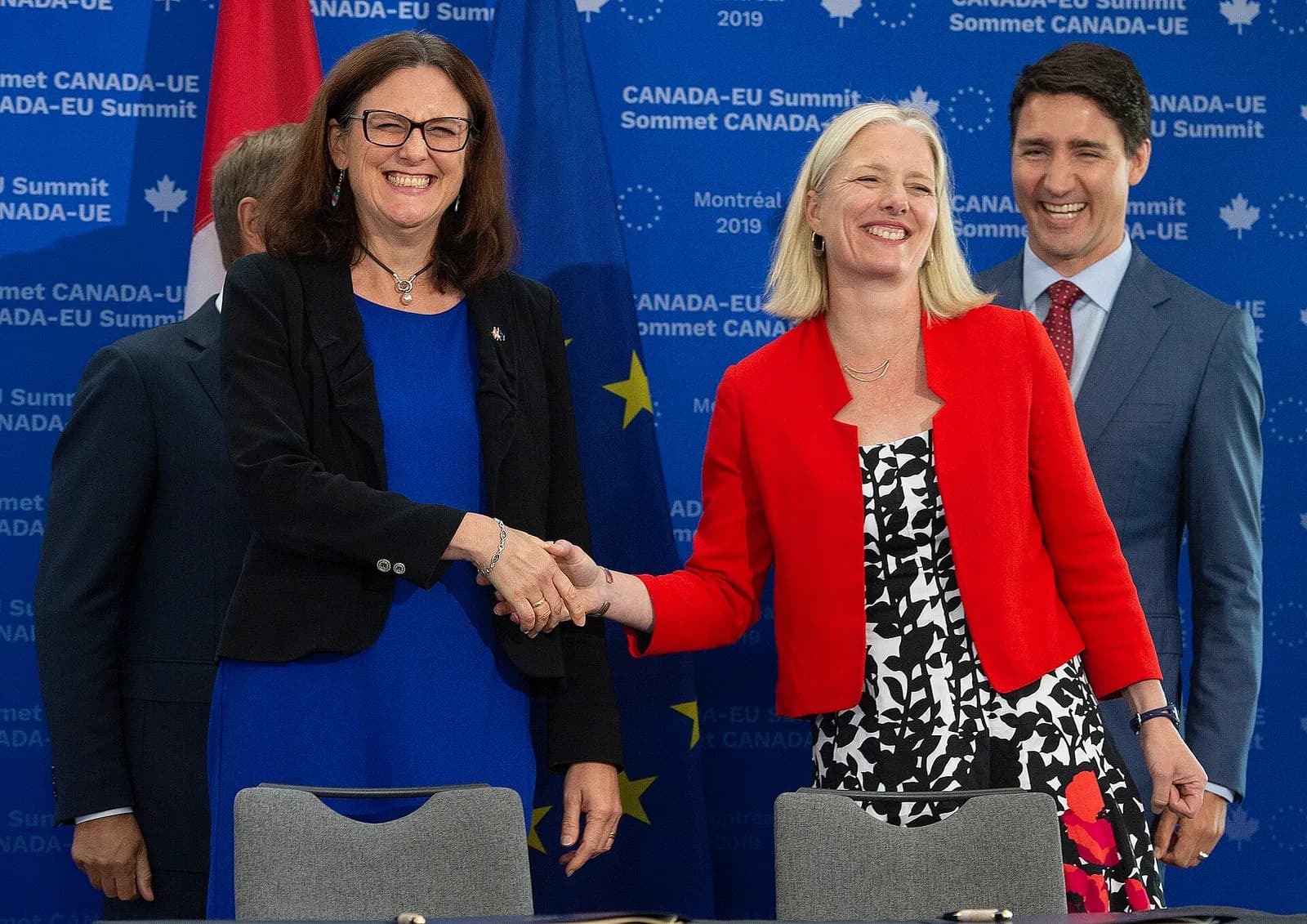Catherine Mary McKenna and Cecilia Malmström at a Canada-EU summit in Montreal.