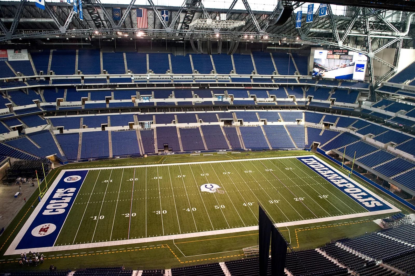 The playing field inside Lucas Oil Stadium in Indianapolis, with the retractable roof visible overhead.
