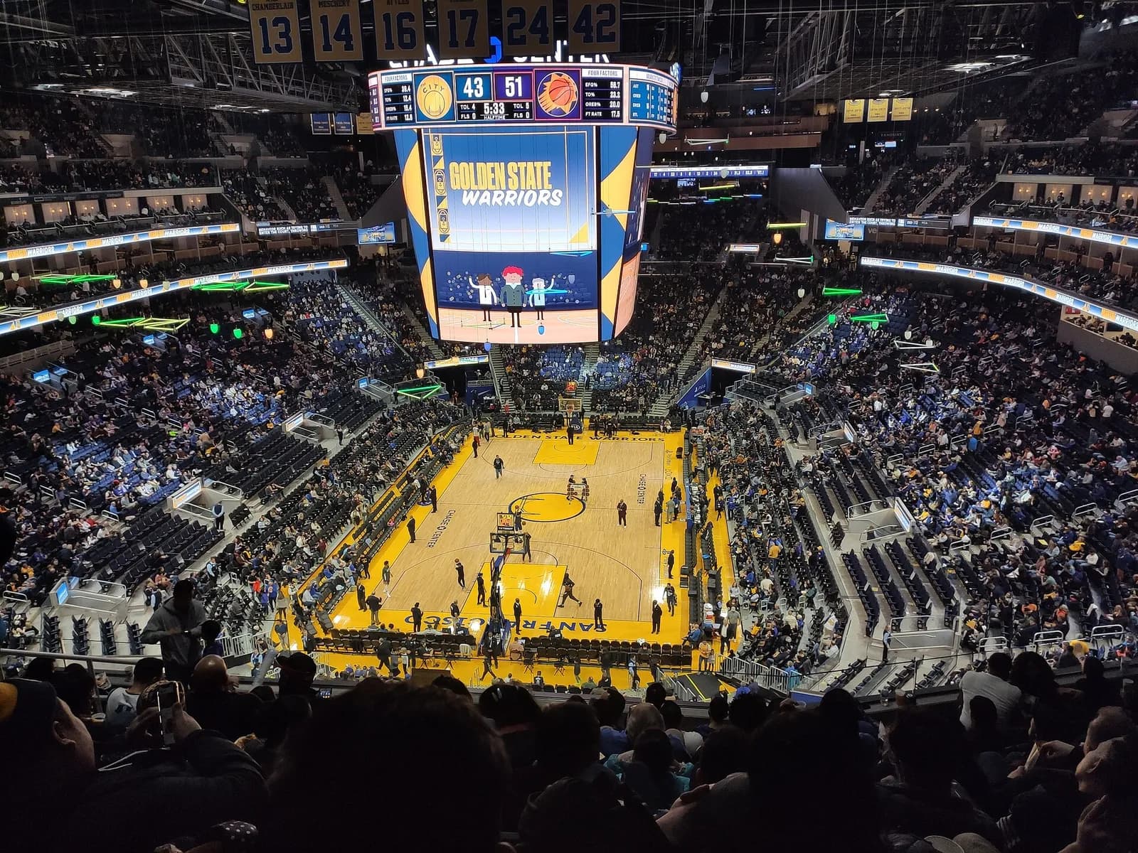 Interior of Chase Center in San Francisco, showing the basketball court, scoreboard and spectators.