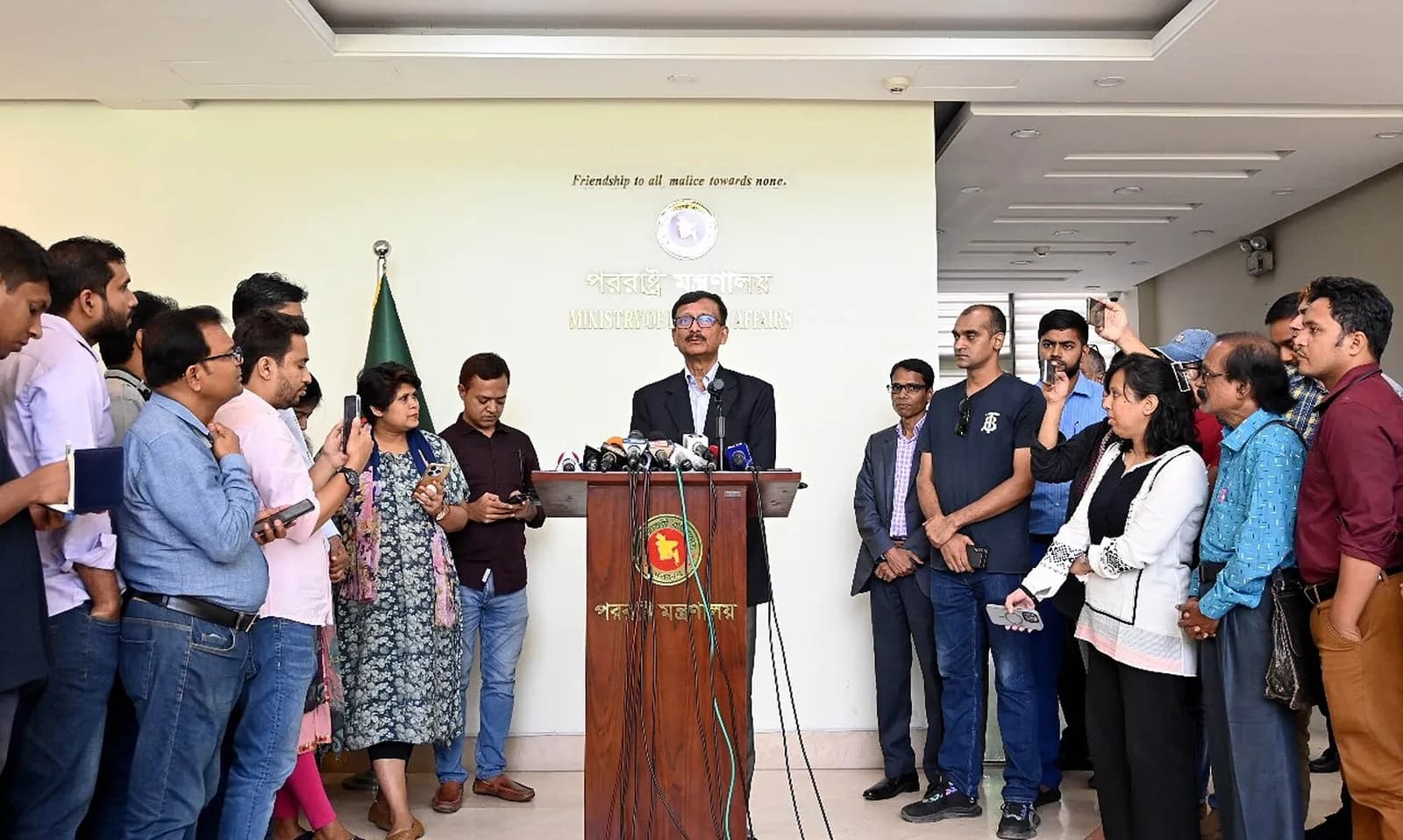 Mohammad Touhid Hossain speaks to journalists at Bangladesh’s Ministry of Foreign Affairs in Dhaka.