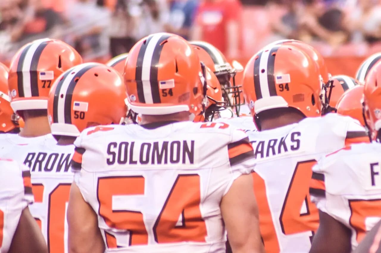 Cleveland Browns player Scott Solomon wearing a football helmet during a 2015 game against the Buffalo Bills