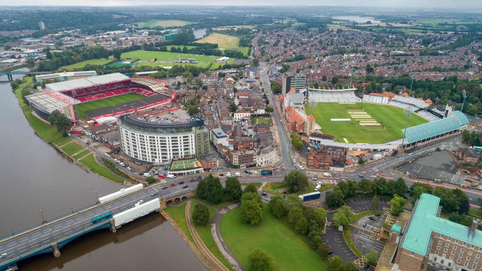 Aerial view of the City Ground and Trent Bridge cricket ground in Nottingham.