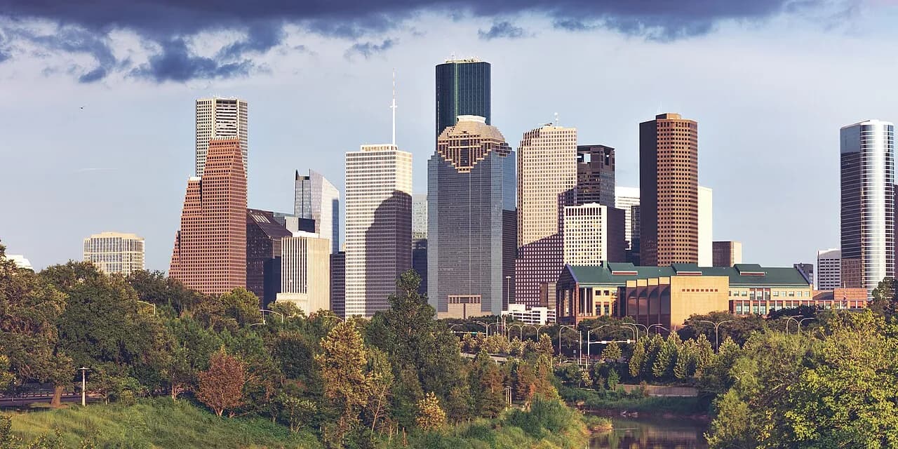 Downtown Houston skyline viewed from the west across Buffalo Bayou