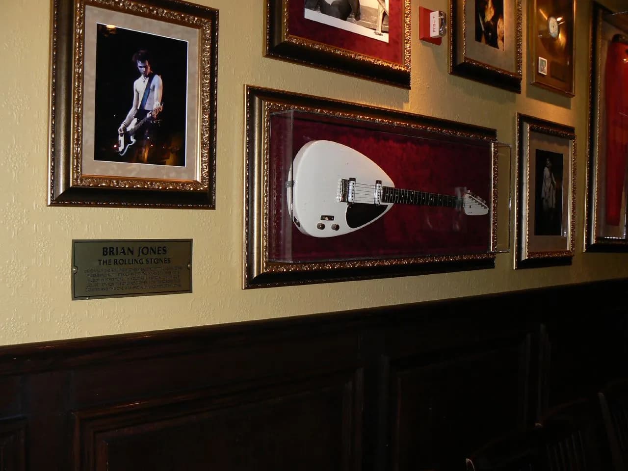 A guitar associated with Brian Jones displayed at the Hard Rock Cafe in Sacramento.