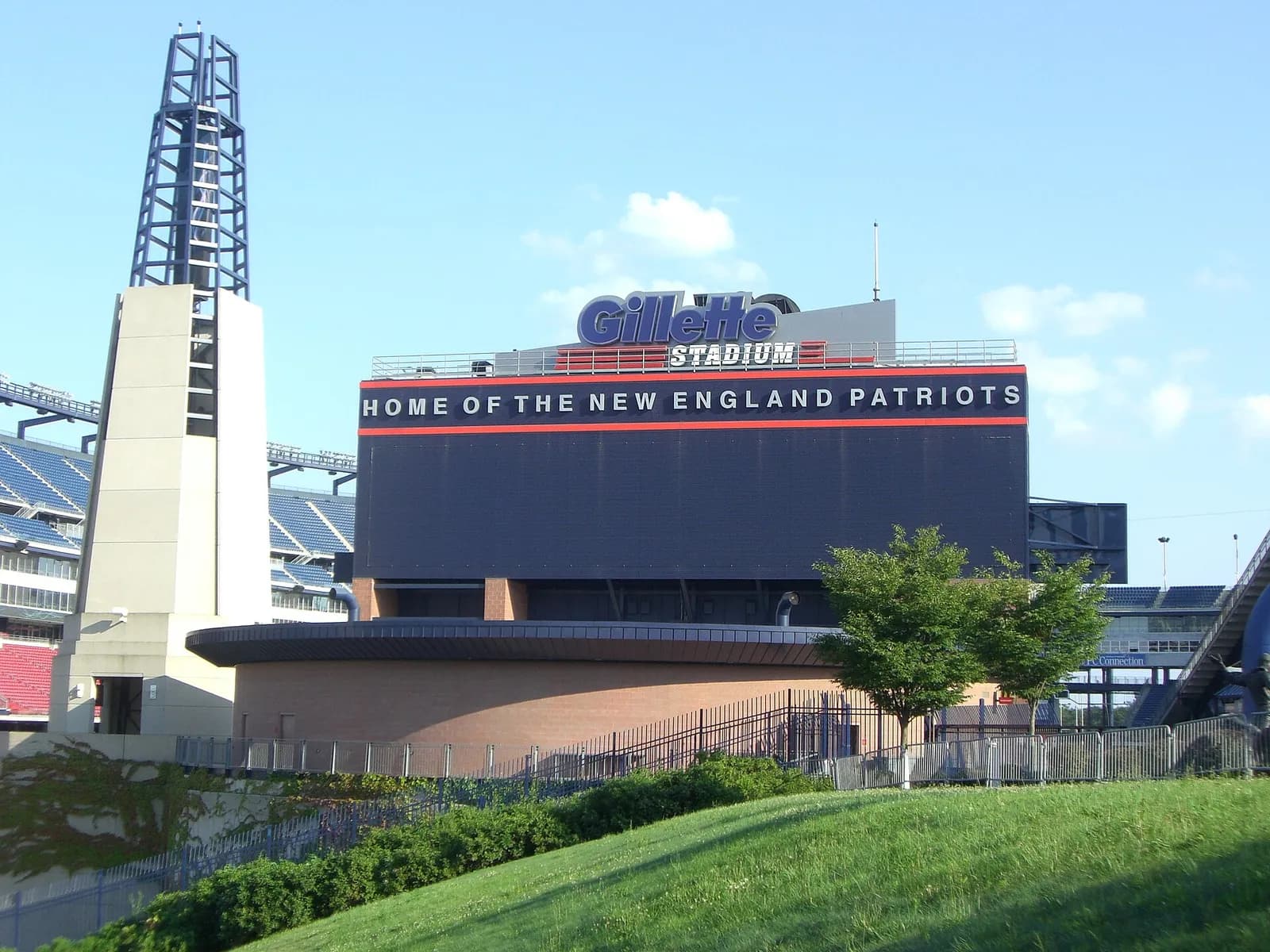 The Gillette Stadium Patriots Home sign outside the stadium in Foxborough, Massachusetts.
