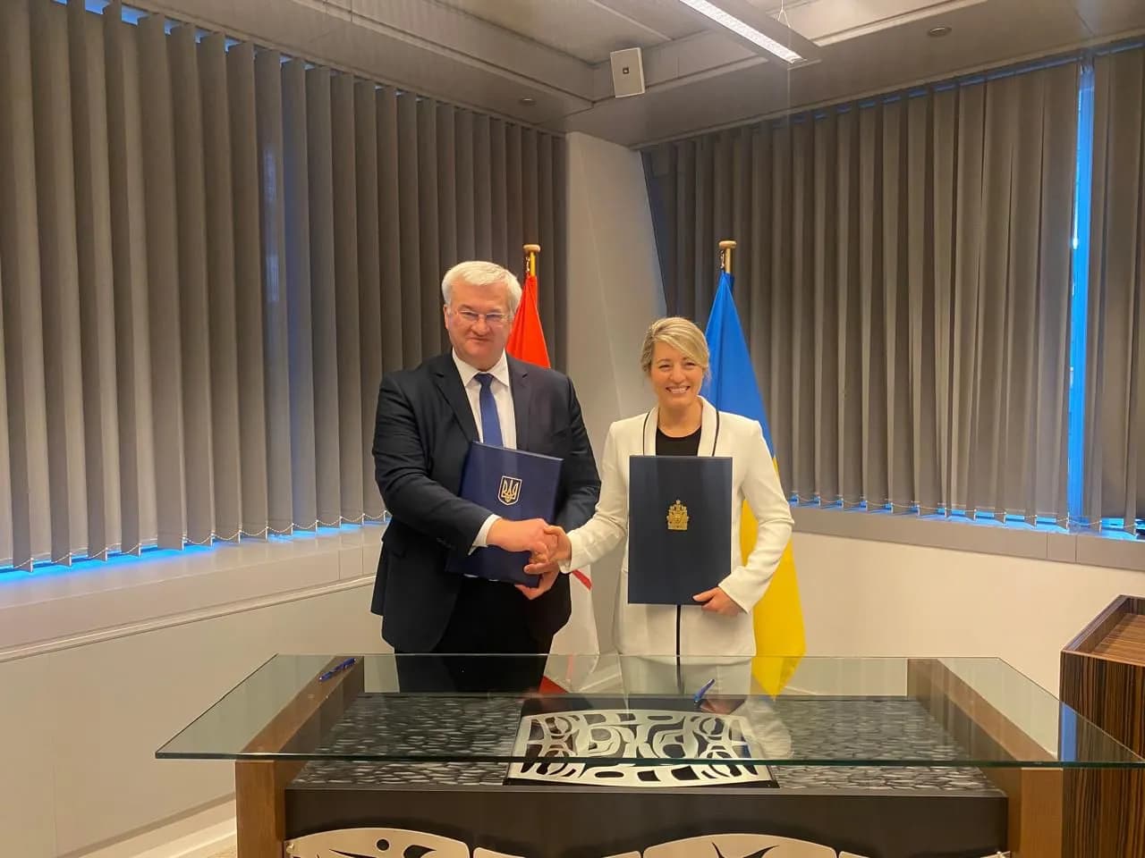 Andrii Sybiha and Mélanie Joly at NATO headquarters.