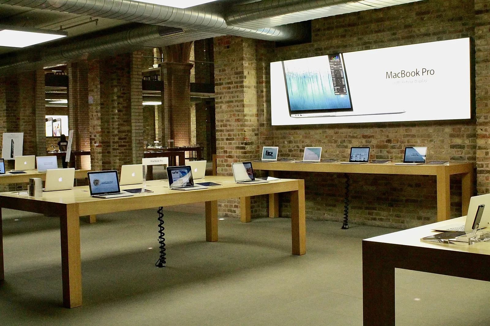 MacBook Pro laptops displayed inside Apple’s Covent Garden store in London.