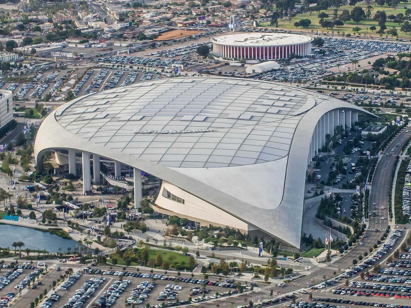 SoFi Stadium in Inglewood, California, viewed from outside.
