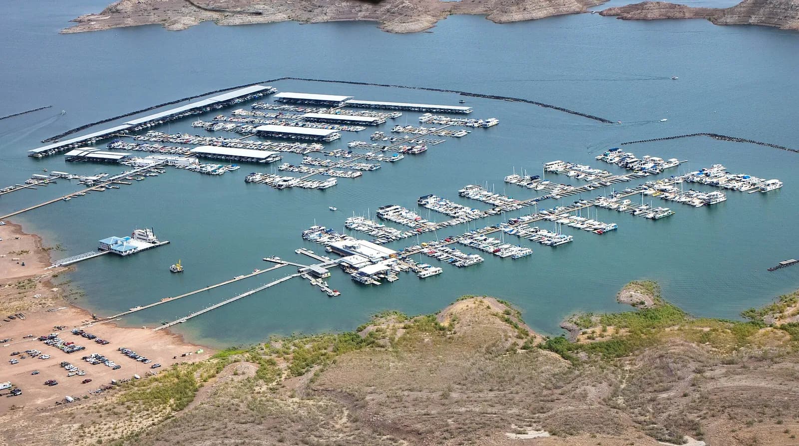 Aerial view of marinas along the shoreline at Hemenway Harbor on Lake Mead.