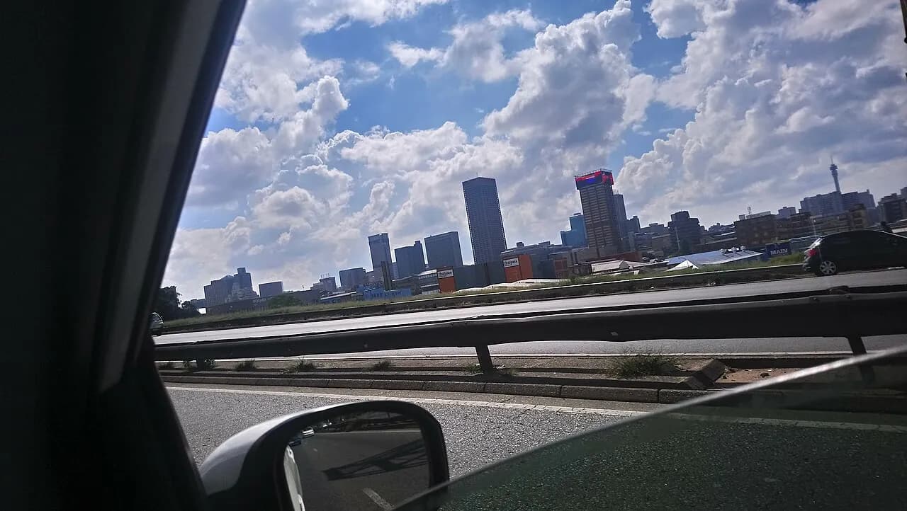 View of the Johannesburg city centre skyline from a road