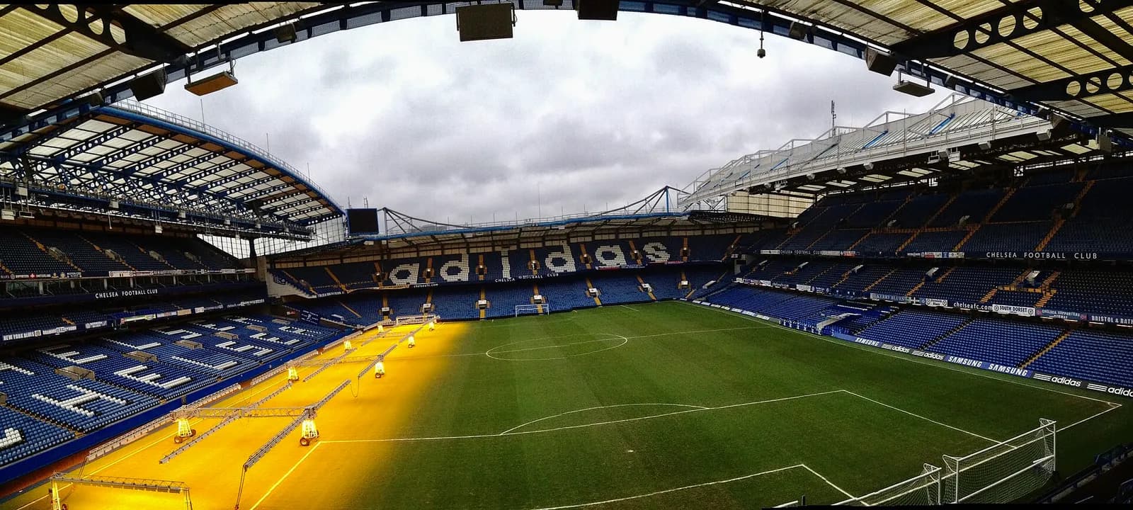 A wide view of Stamford Bridge, home of Chelsea Football Club.